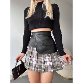 Deri garnili cepli ekose etek siyah s24604