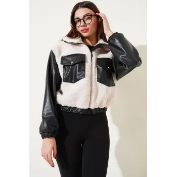 Deri garnili cepli peluş mont siyah t1253