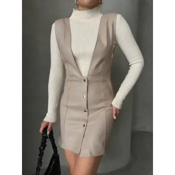 Deri jile elbise bej w24796