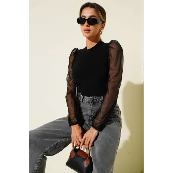 Dik yaka tül kollu bluz siyah t3066