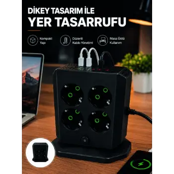 Dikey Priz Kulesi 8 AC Priz 4 USB 2 Type-C Çocuk Korumalı Güç Dağıtıcı