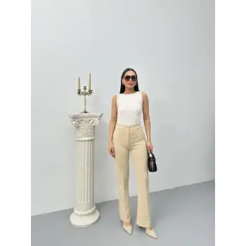 Düğmeli Palazzo pantolon bej p170091