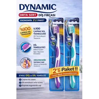 Dynamic Orta Sert Diş Fırçası 2 Adet Medium Çapraz Kıl Teknolojili Dil Temizleyicili Ergonomik Saplı Diş Fırçası