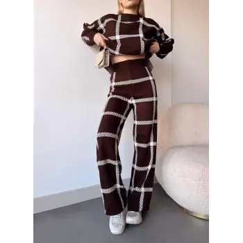 Ekoseli triko takım kahvebeyaz