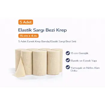 Elastik Sargı Bezi Krep 15 cm x 4 m 5 Adet Esnek Krep Bandaj Elastik Sargı Bezi Seti