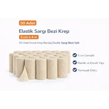 Elastik Sargı Bezi Krep 5 cm x 4 m 50 Adet Esnek Krep Bandaj Elastik Sargı Bezi Seti