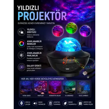 Galaxy Efektli LED Gece Lambası Projektörü Bluetooth Bağlantılı