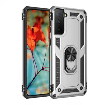 Galaxy S21 Kılıf Sofya Yüzüklü Silikon Kapak - Gümüş
