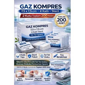 Gaz Kompres 7,5x7,5 cm 4 Katlı Steril 200 Adet Tel Tel Spanç Pansuman Bezi (2KUTU)