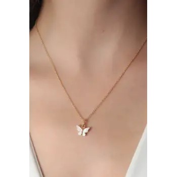 Gold Beyaz Renk Kelebek Figür Kadın Kolye