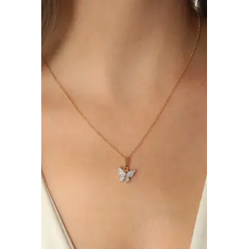 Gold Mavi Renk Kelebek Figür Kadın Kolye
