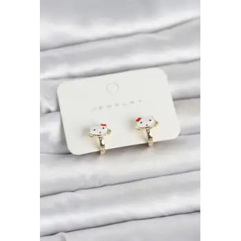 Gold Renk Kedi Model Mineli Çocuk Küpe