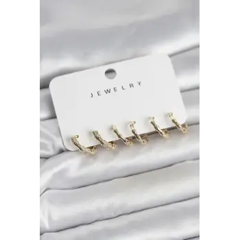 Gold Renk Pirinç Kemik Model 3 Çift Kadın Küpe Seti