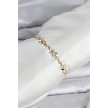 Gold Renk Yonca Model Zirkon Taşlı Asansörlü Kadın Bileklik