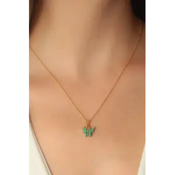 Gold Yeşil Renk Kelebek Figür Kadın Kolye