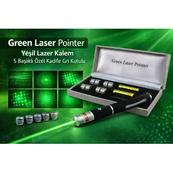 Green Laser Pointer Kalem 5 Başlıklı Özel Kadife Gri Kutulu