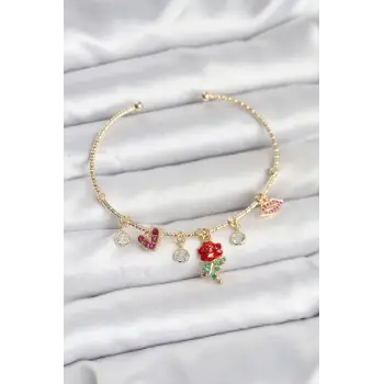 Gül Charmlı Gold Renk Pirinç Kadın Bileklik