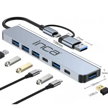 Inca IUTP-7T Usb+Type-c Girişli USB 3.0+4X USB 2.0 Type-C 5V 2X Type-C 100W Çoklayıcı