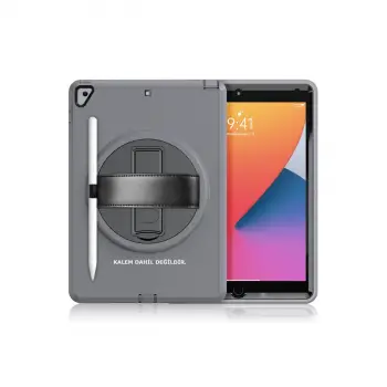 iPad 10.2 (7.nesil) Kılıf Hand Strap Tablet Kılıfı - Gri
