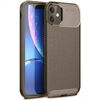 iPhone 11 Kılıf Auto Focus Karbon Kapak - Kahverengi
