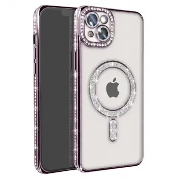 iPhone 14 Kılıf Joke Simli Magneticsafe Kılıf - Derin Mor