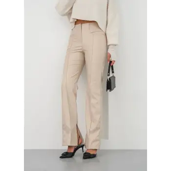 İspanyol yırtmaçlı paça deri pantolon bej hn