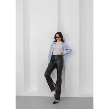 İspanyol yırtmaçlı paça deri pantolon siyah hn