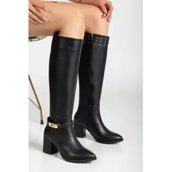 Jeoli Siyah Cilt Topuklu Çizme