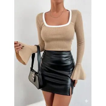 Kare yaka garni detay ispanyol kol bluz bej a3105