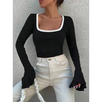 Kare yaka garni detay ispanyol kol bluz siyah a3105