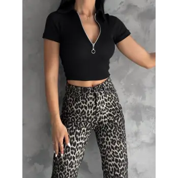 kaşkorse yaka fermuarlı bluz siyah