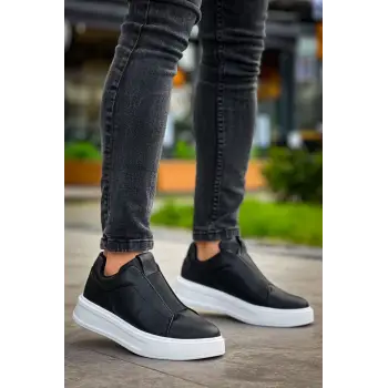 KB-007  Kuback Siyah Beyaz Yüksek Taban Tek Bant Bağcıksız Günlük Erkek Ayakkabı