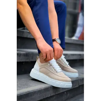 KB-X10 Kuback Bej Süet Beyaz Yüksek Taban Günlük Spor Ayakkabı