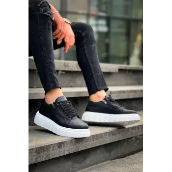 KB-X155 Kuback Siyah Cilt Detaylı Beyaz Yüksek Taban Günlük Spor Ayakkabı