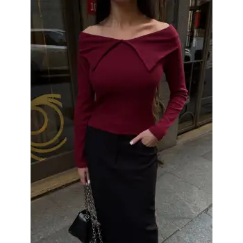 Kelebek yaka uzun kol bluz bordo