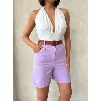 Kemerli gabardin şort lila s25735