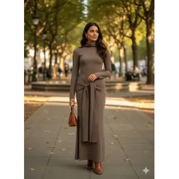 Kendinden kemerli uzun elbise vizon