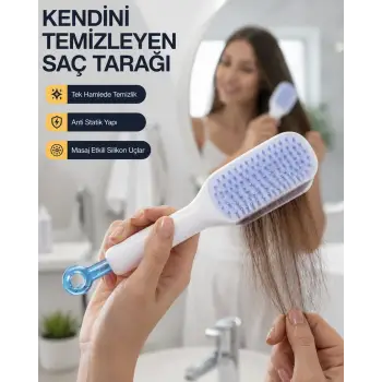 Kendini Temizleyen Ergonomik Saç Tarağı – ABS Gövde, Silikon Diş
