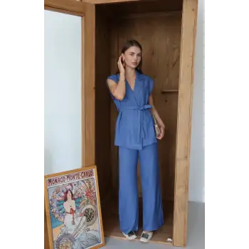 Keten yelek pantolon takım indigo pt