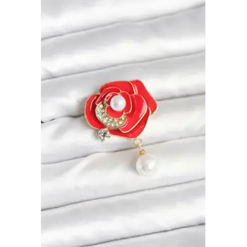 Kırmızı Gül İncili Model Broş