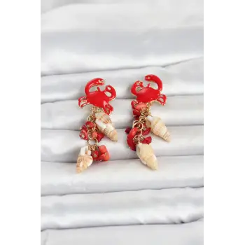 Kırmızı Yengeç Model Deniz Kabuğu Detaylı Kadın Küpe