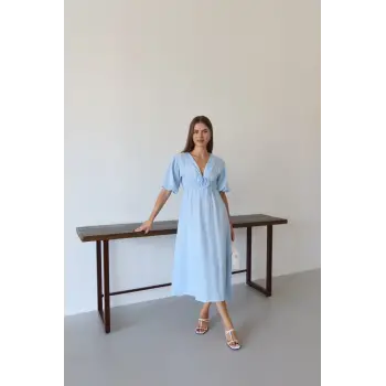 Kısa kollu müslin elbise mavi pt