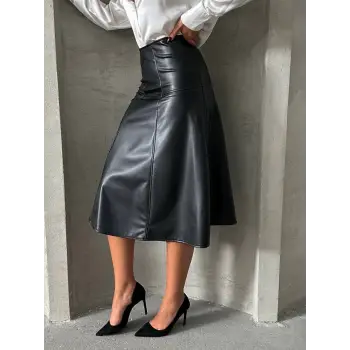 Komple parçalı deri etek siyah h26441