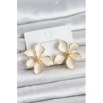 Krem Mineli Çiçek Model Pirinç Kadın Küpe