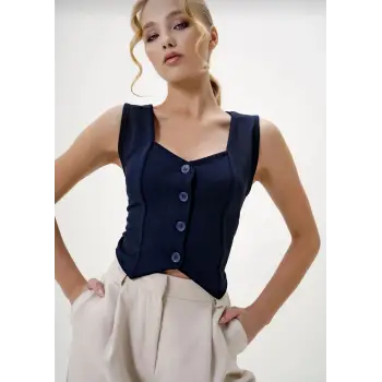 Krep kumaş düğmeli yelek lacivert s3395