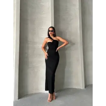 Krinkıl tek omuz uzun elbise siyah s25455