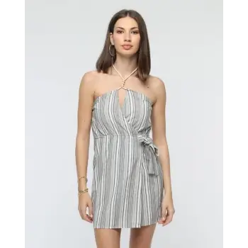 Kuşaklı çizgili mini keten elbise