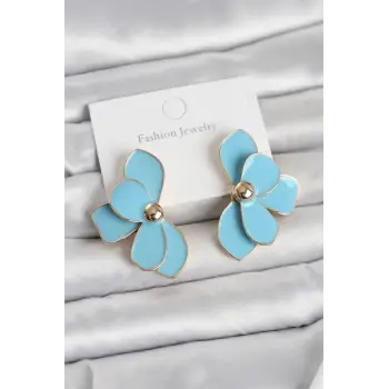 Mavi Mineli Lotus Model Pirinç Kadın Küpe