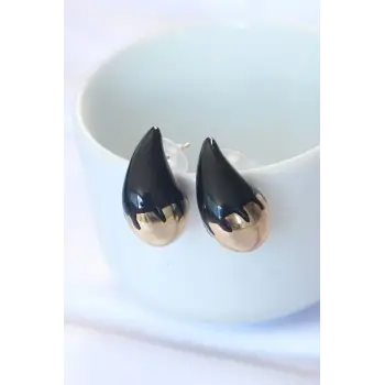 Minimal Siyah Mineli Çift Renk Damla Küpe