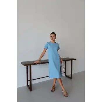 Modal yırtmaçlı elbise mavi pt